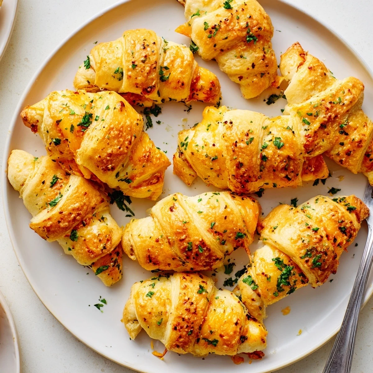 Flaky crescent dough rollups stuffed with three cheese blend and brushed with garlic parsley butter