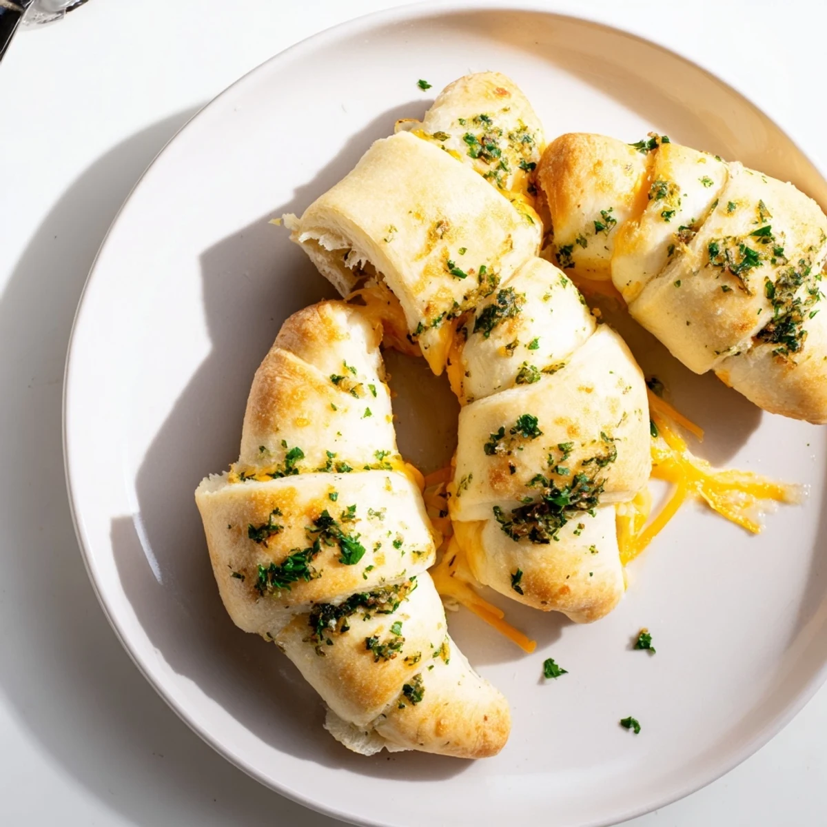 Golden brown cheesy garlic butter rollups fresh from the oven with bubbling melted cheese center