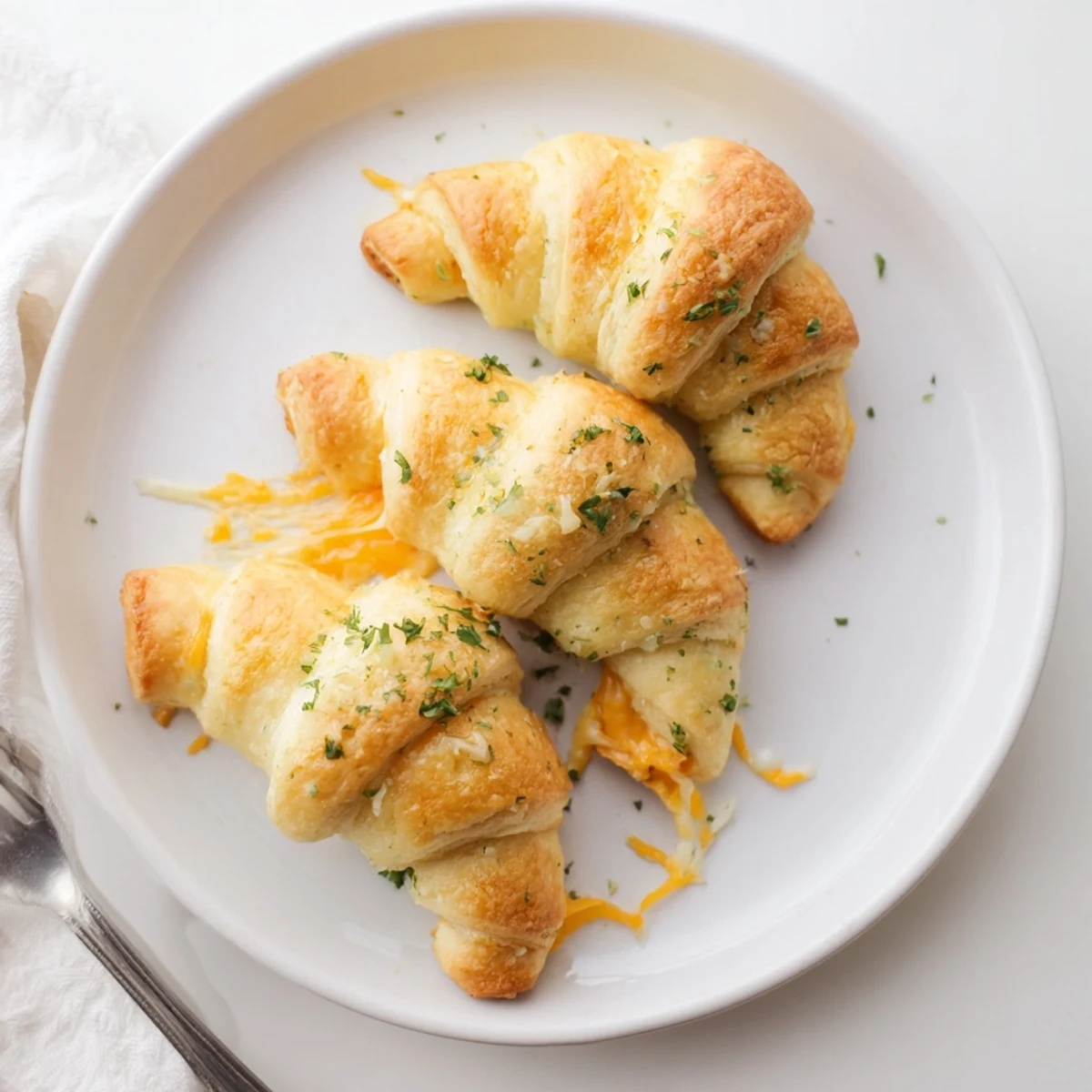Warm appetizer of garlic butter glazed rollups featuring gooey mozzarella and cheddar cheese filling