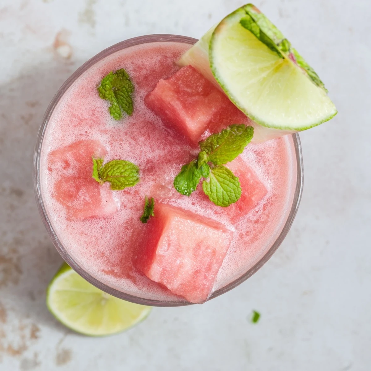 Tropical coconut lime watermelon slushie served chilled with zesty citrus garnish on wooden table