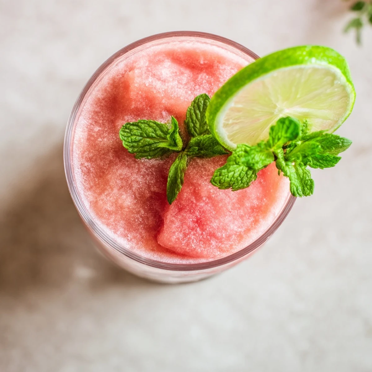 Frozen watermelon slushie in a clear glass topped with fresh mint and lime slice