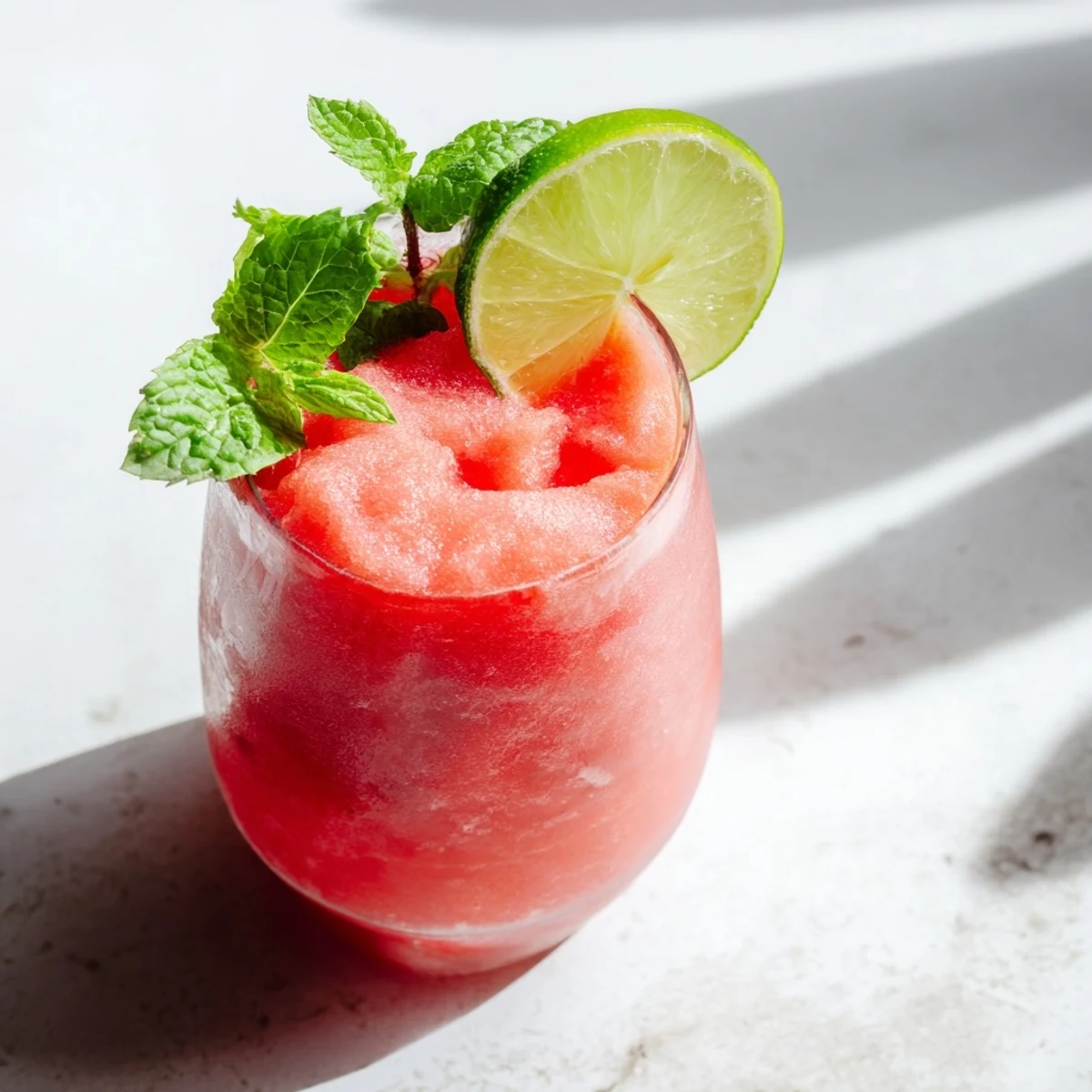 Creamy pink watermelon slushie blended with coconut milk and fresh lime for summer refreshment