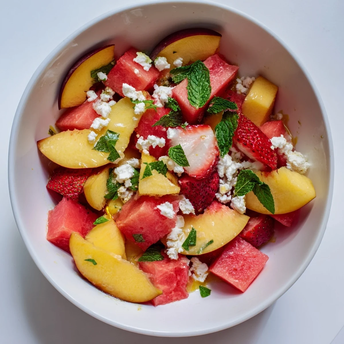 Vibrant bowl of chilled summer peach watermelon salad dressed with zesty lime and mint