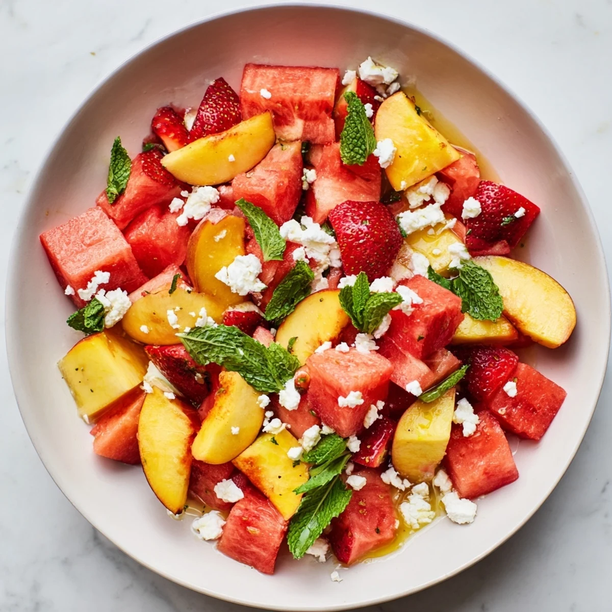 Colorful summer peach watermelon salad arranged on white platter with fresh mint garnish