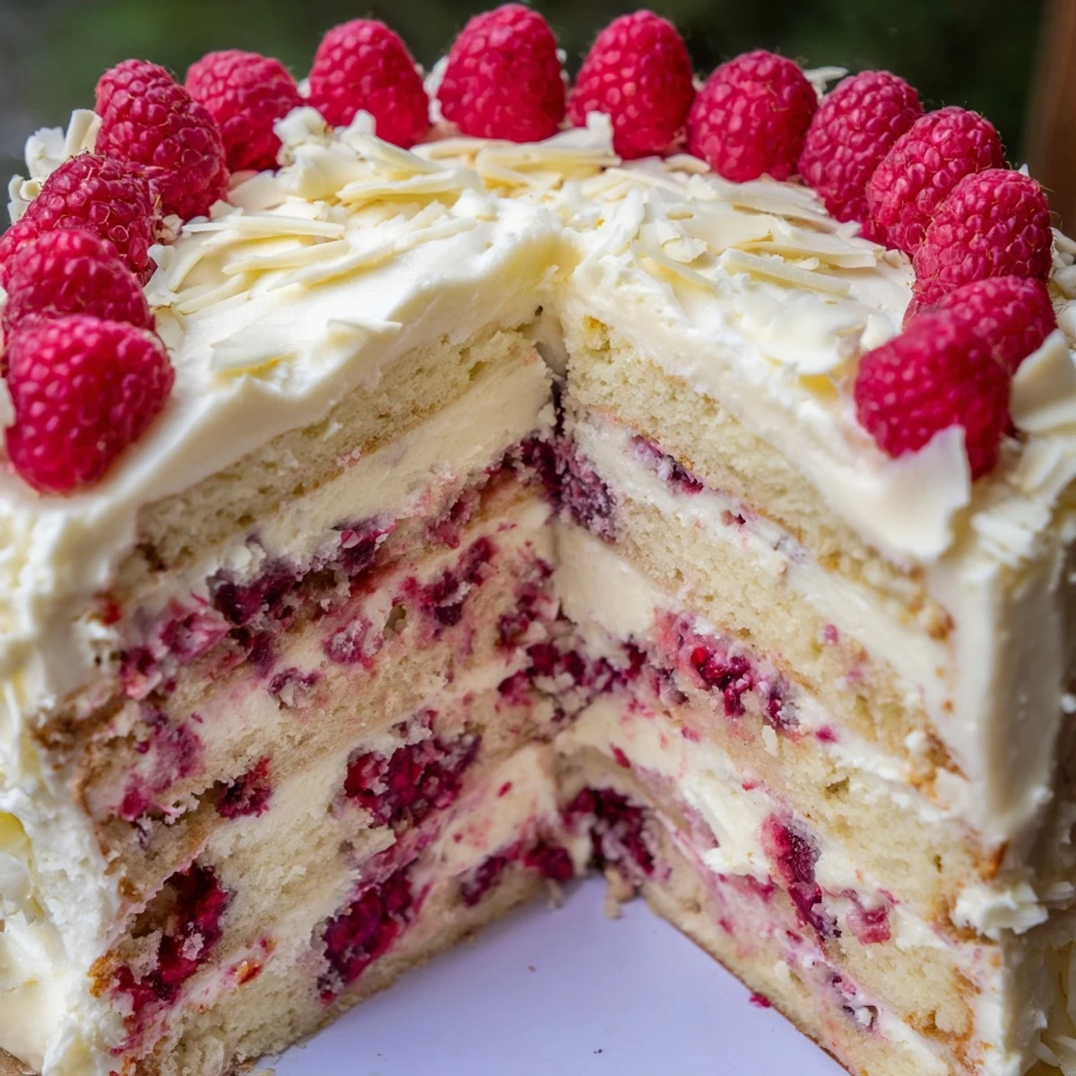 Decadent white chocolate raspberry dream cake with creamy frosting and fresh ruby raspberry filling