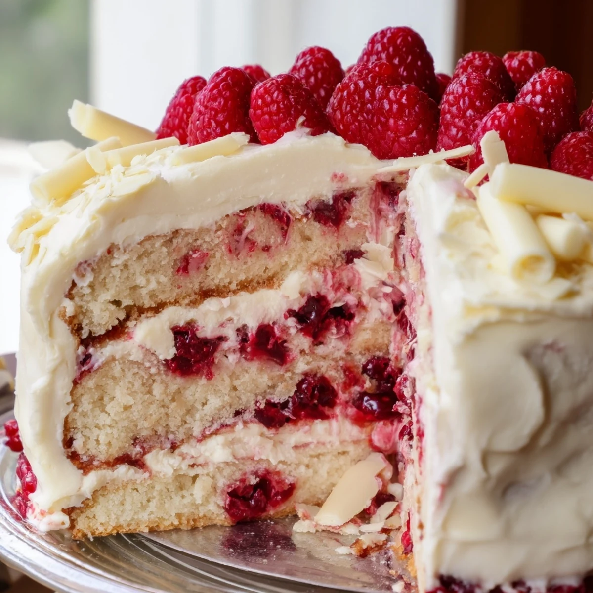 Elegant triple-layer white chocolate raspberry dream cake topped with white chocolate curls and berries