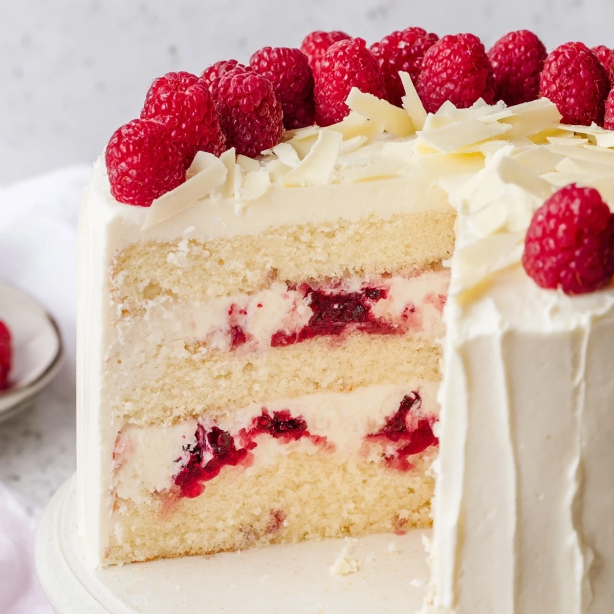 Slice of moist white chocolate raspberry dream cake showcasing swirled raspberry filling and velvety frosting