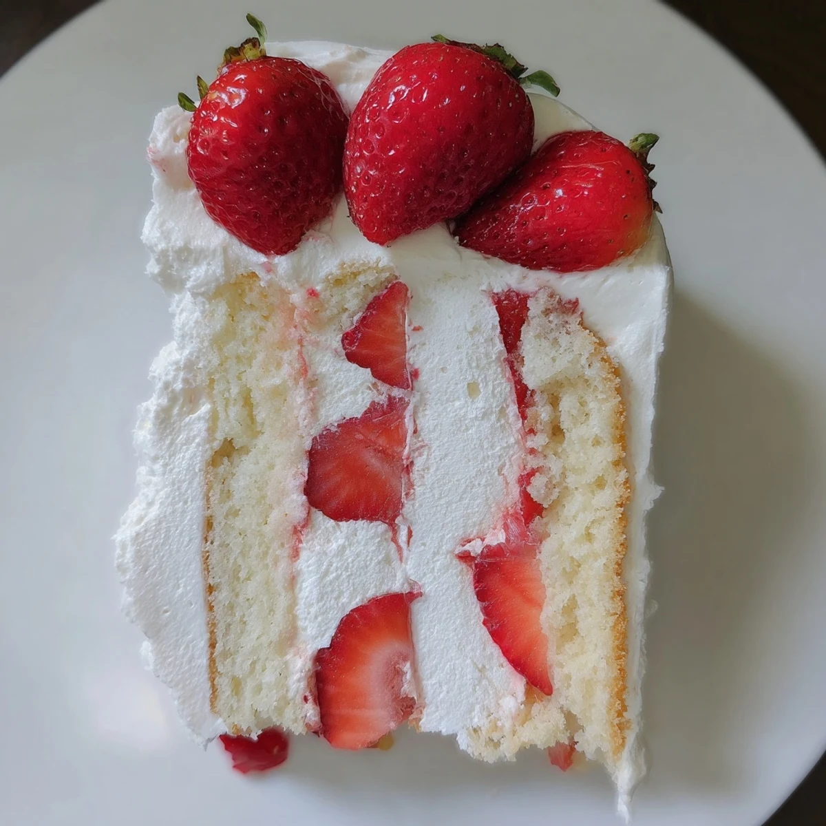 White frosted strawberry shortcake cake tower topped with fresh whole strawberries on serving plate