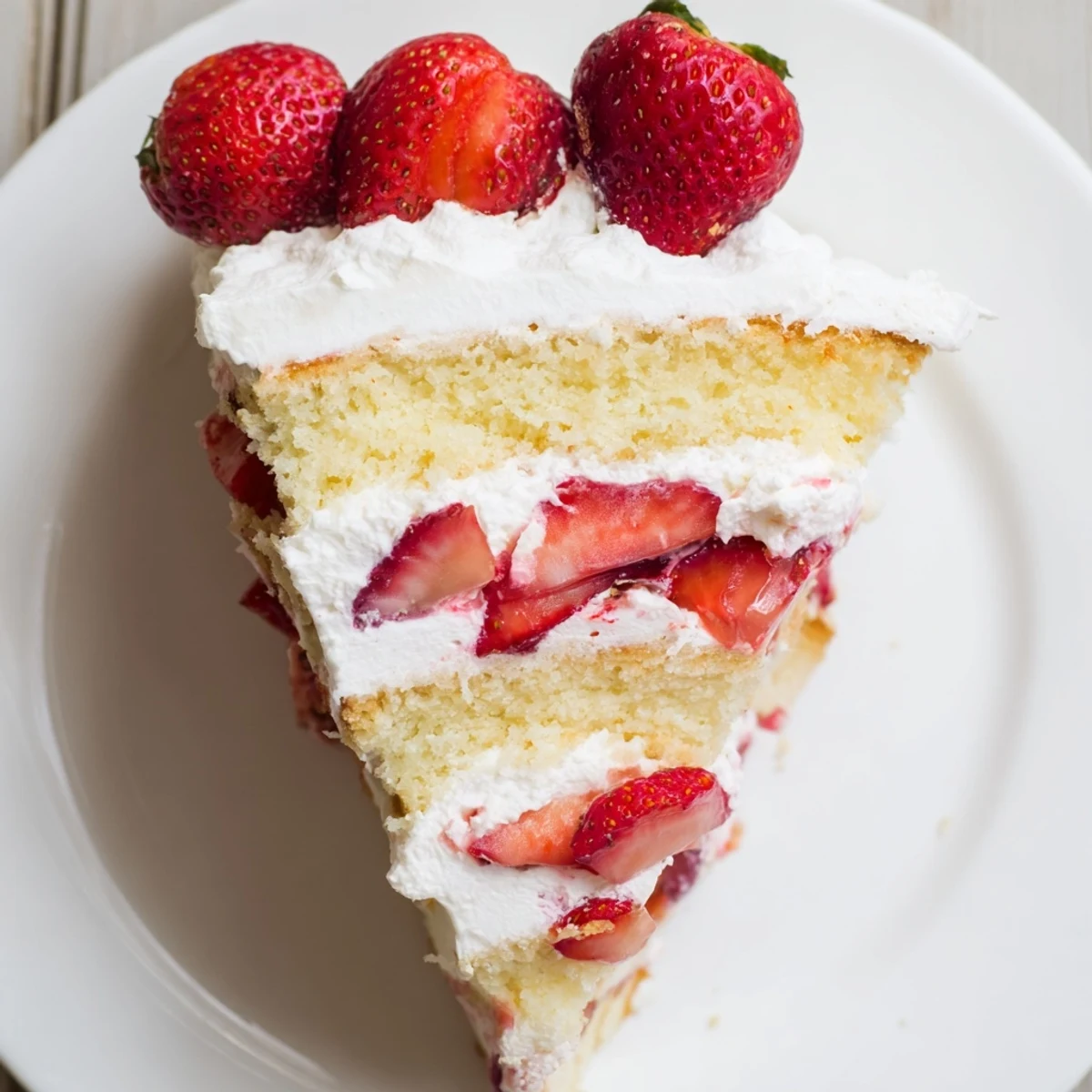 Golden slice of strawberry shortcake cake layered with juicy red berries and fluffy whipped cream