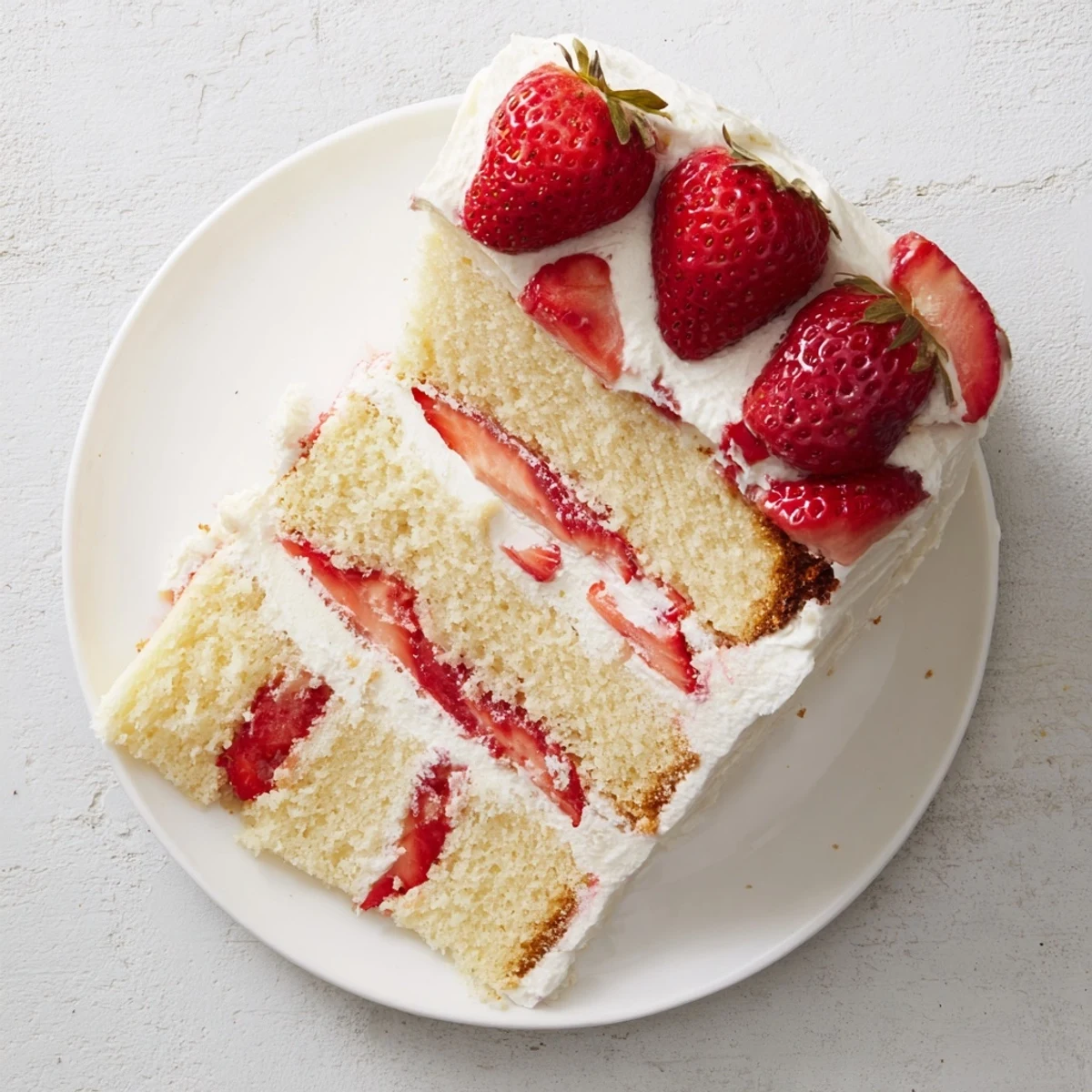 Two-layer vanilla sponge strawberry shortcake cake dripping with sweet strawberry compote and cream