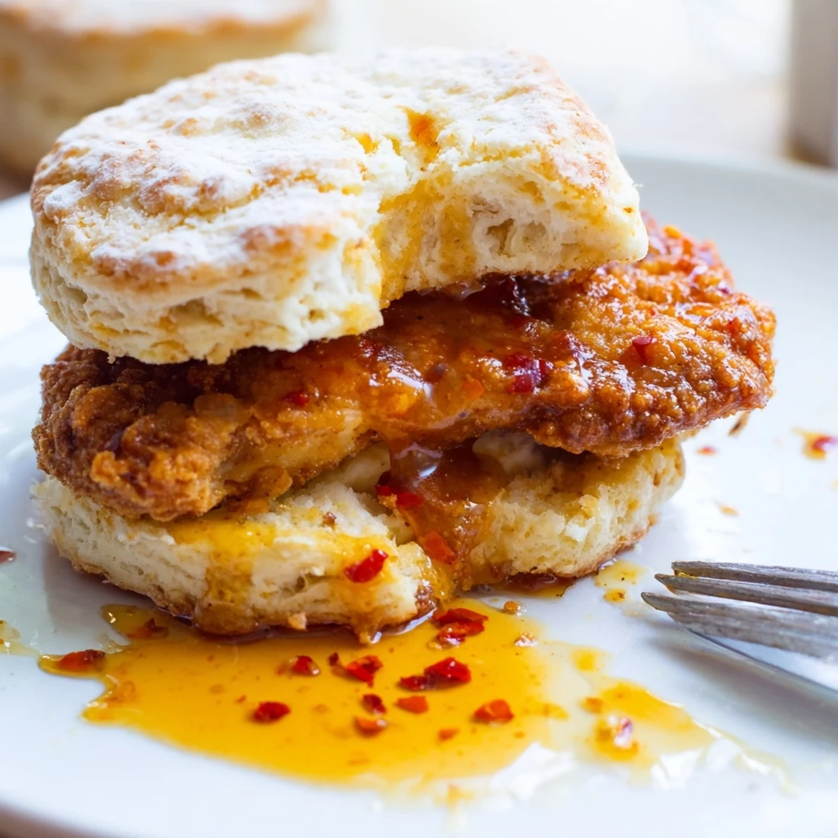 Golden hot honey chicken biscuits featuring crispy fried chicken and fluffy buttermilk layers