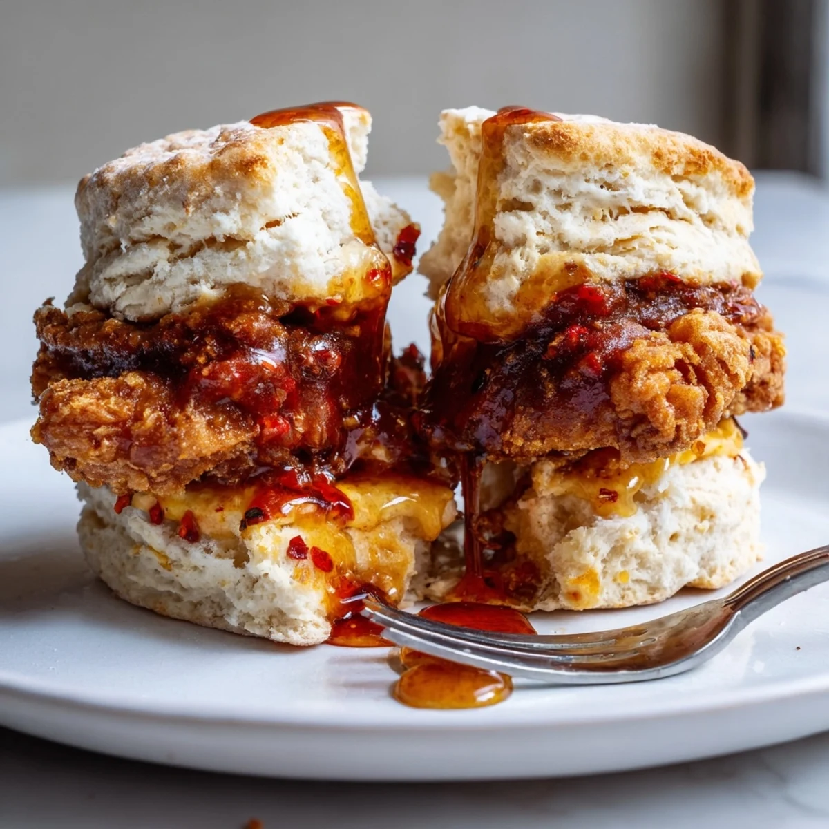 Southern-style hot honey chicken biscuits drizzled with spicy sweet glaze on golden pastry