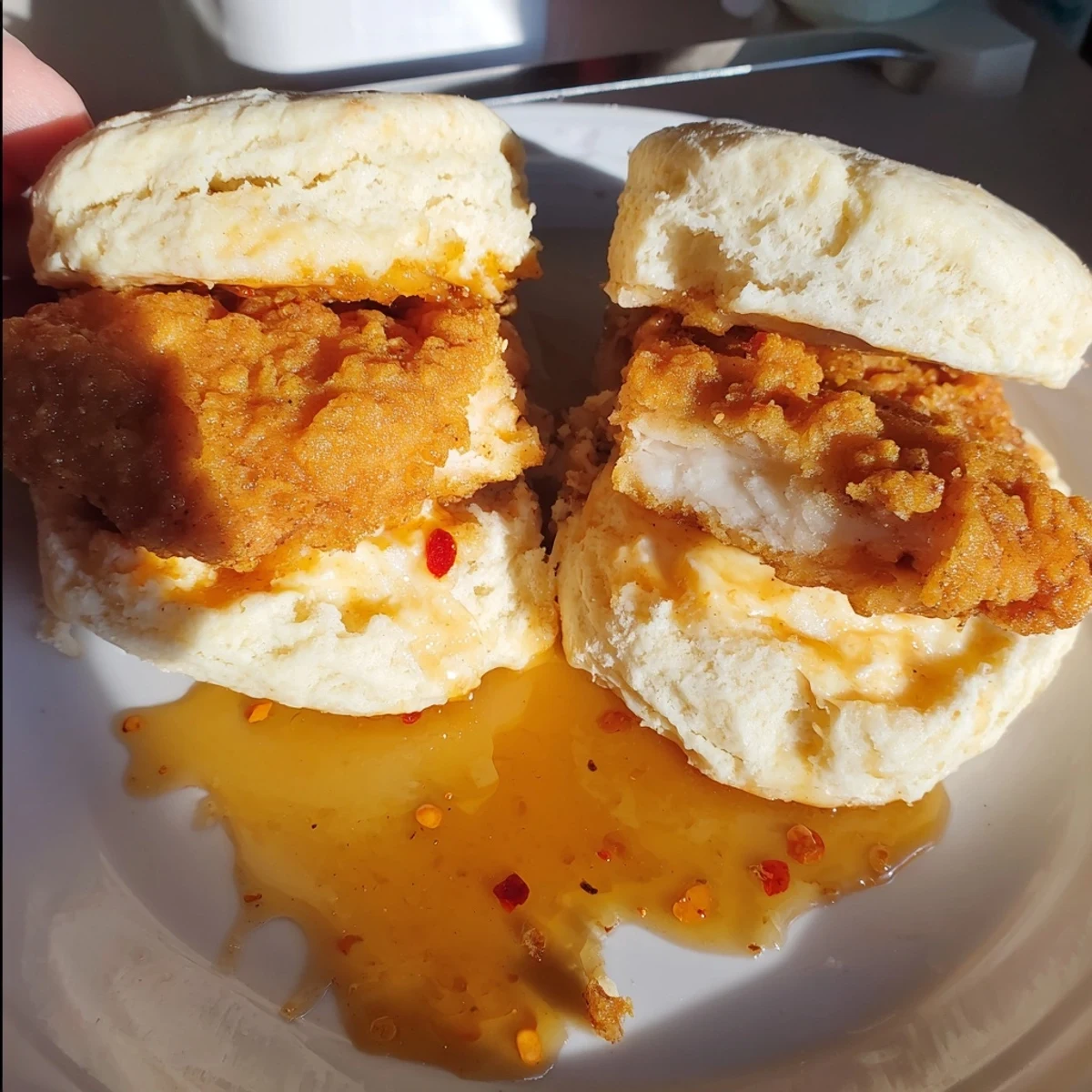 Stack of hot honey chicken biscuits showcasing crisp fried meat inside warm biscuits