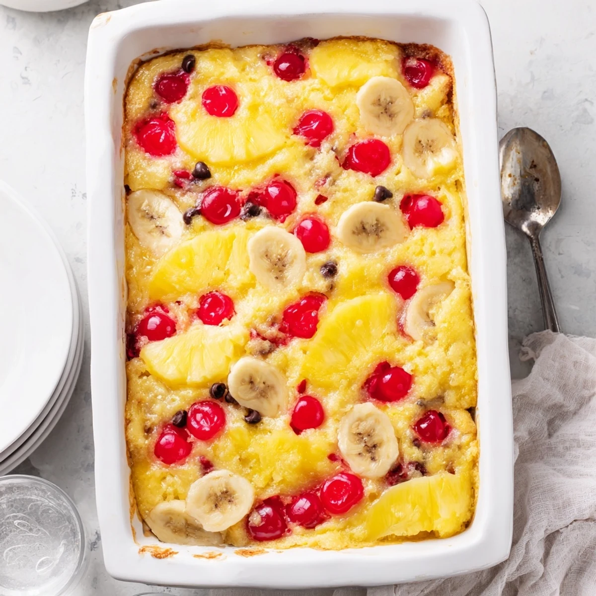 Golden banana split dump cake topped with whipped cream, chocolate syrup, and maraschino cherries