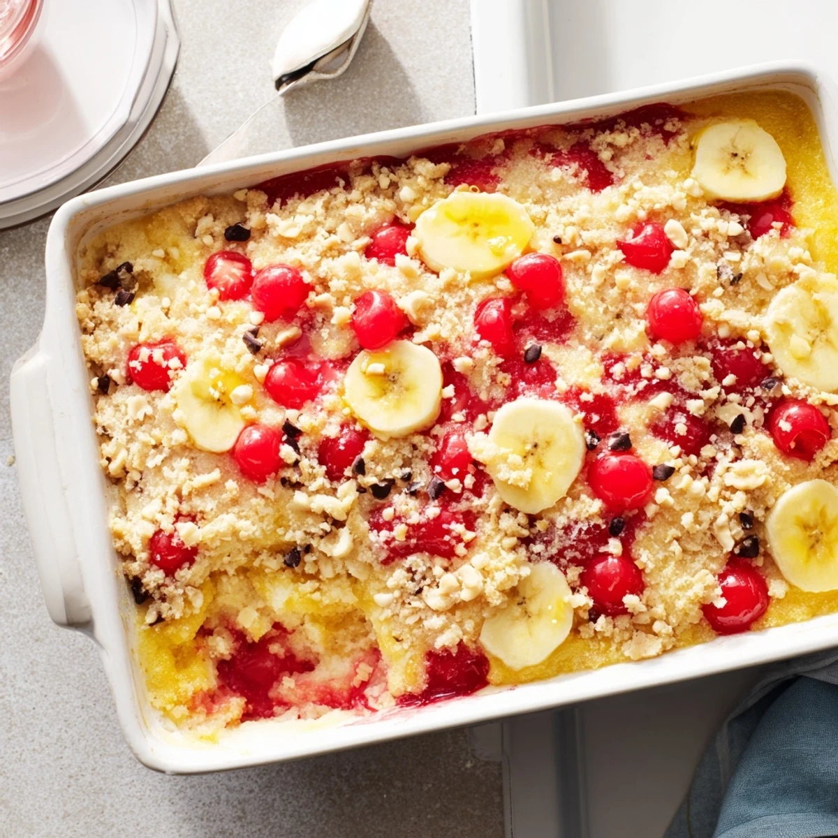 Baked banana split dump cake dessert with layers of fruit, buttery cake mix, and nuts