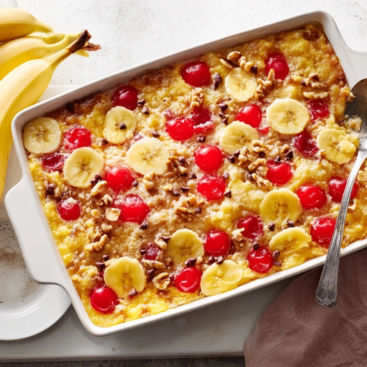 Warm baked banana split dump cake with bubbly pineapple filling and melted chocolate chips