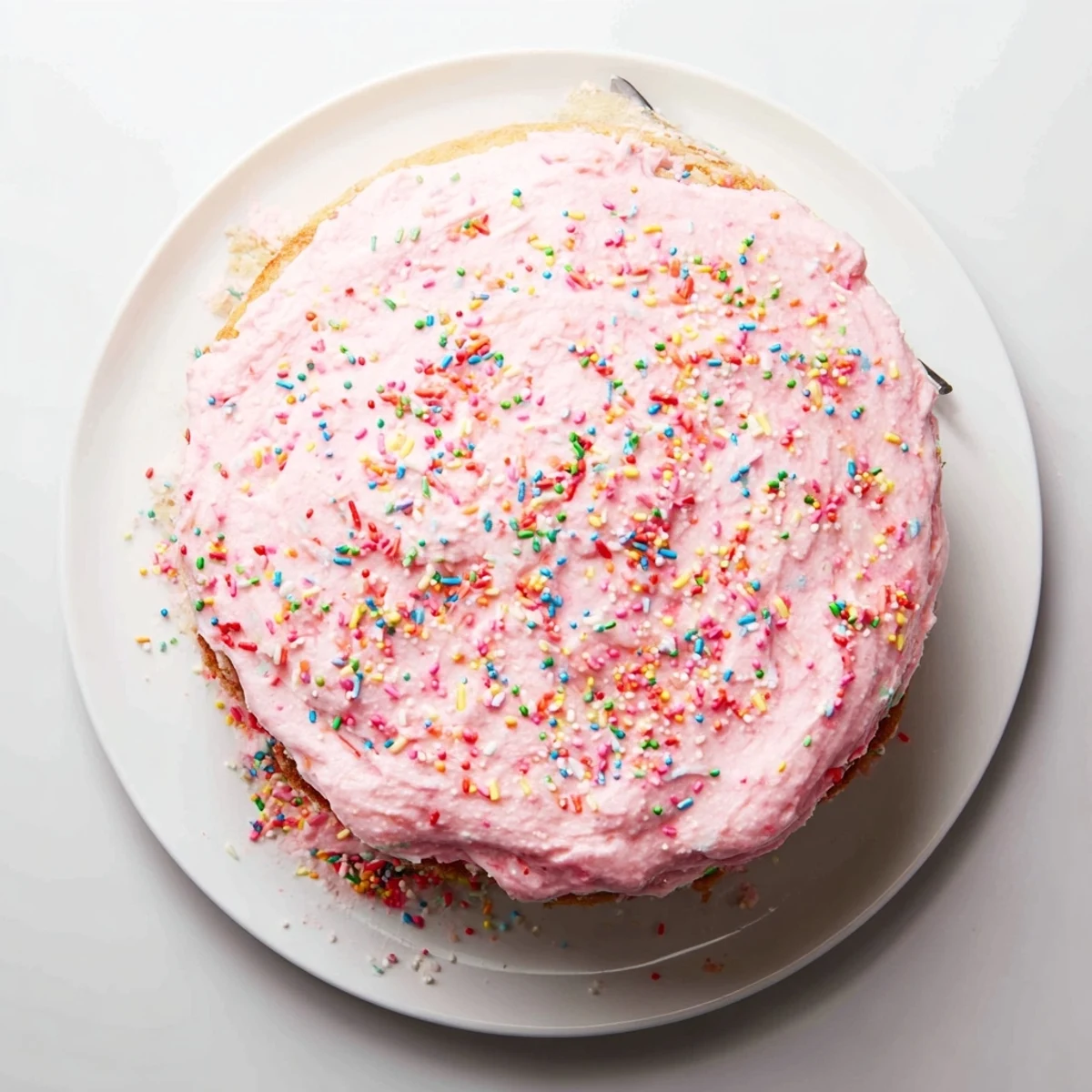 Pink strawberry funfetti cake layered with creamy strawberry buttercream and rainbow sprinkles