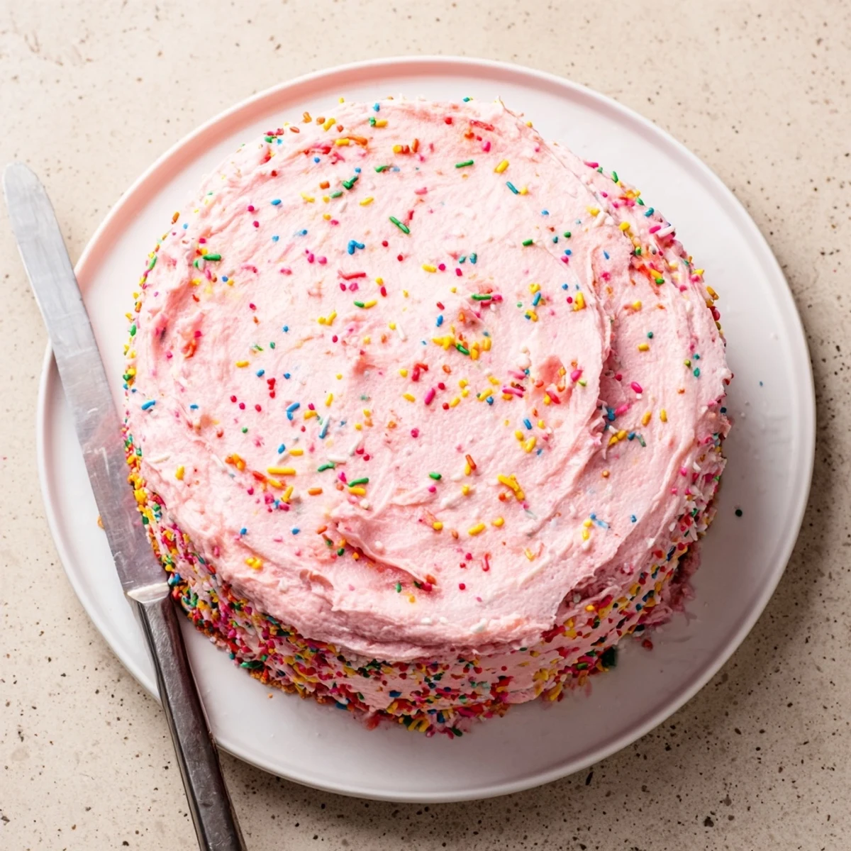 Two-layer strawberry funfetti cake with fresh strawberry buttercream and vibrant rainbow sprinkles throughout
