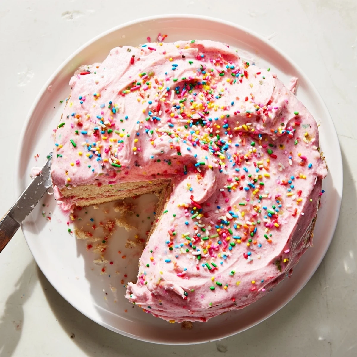 Slice of strawberry funfetti cake topped with fluffy pink strawberry frosting and colorful jimmies