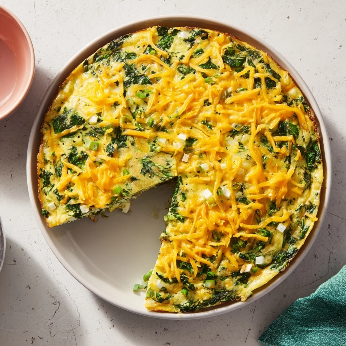 Savory crustless cottage cheese spinach quiche sliced into wedges for a healthy brunch gathering