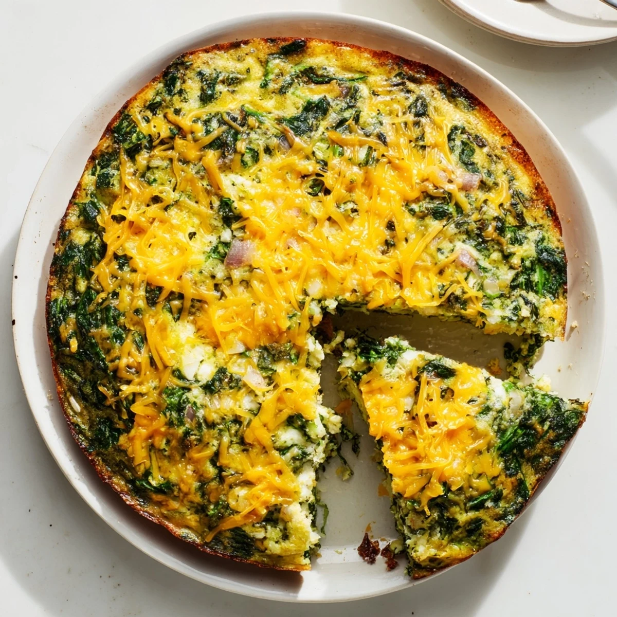 Golden cottage cheese spinach no crust quiche sprinkled with fresh chives on a white plate