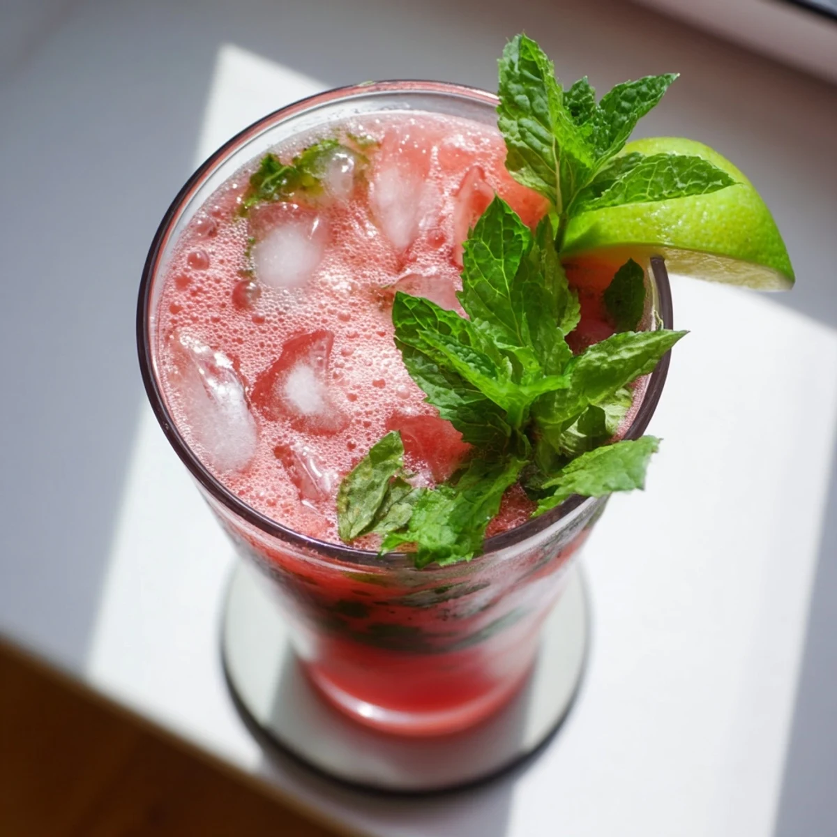 Garnished glass of low carb watermelon refresher with fresh mint sprig and lime wedge on ice