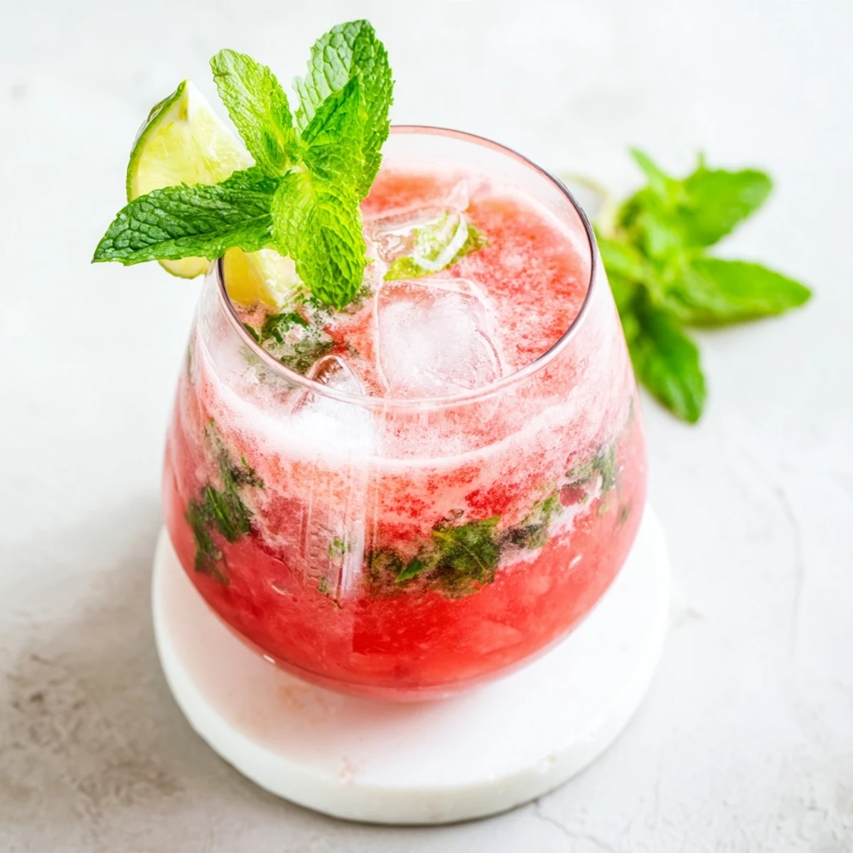 Pink low carb watermelon refresher in clear glass showcasing vibrant watermelon cucumber blend with sparkling bubbles