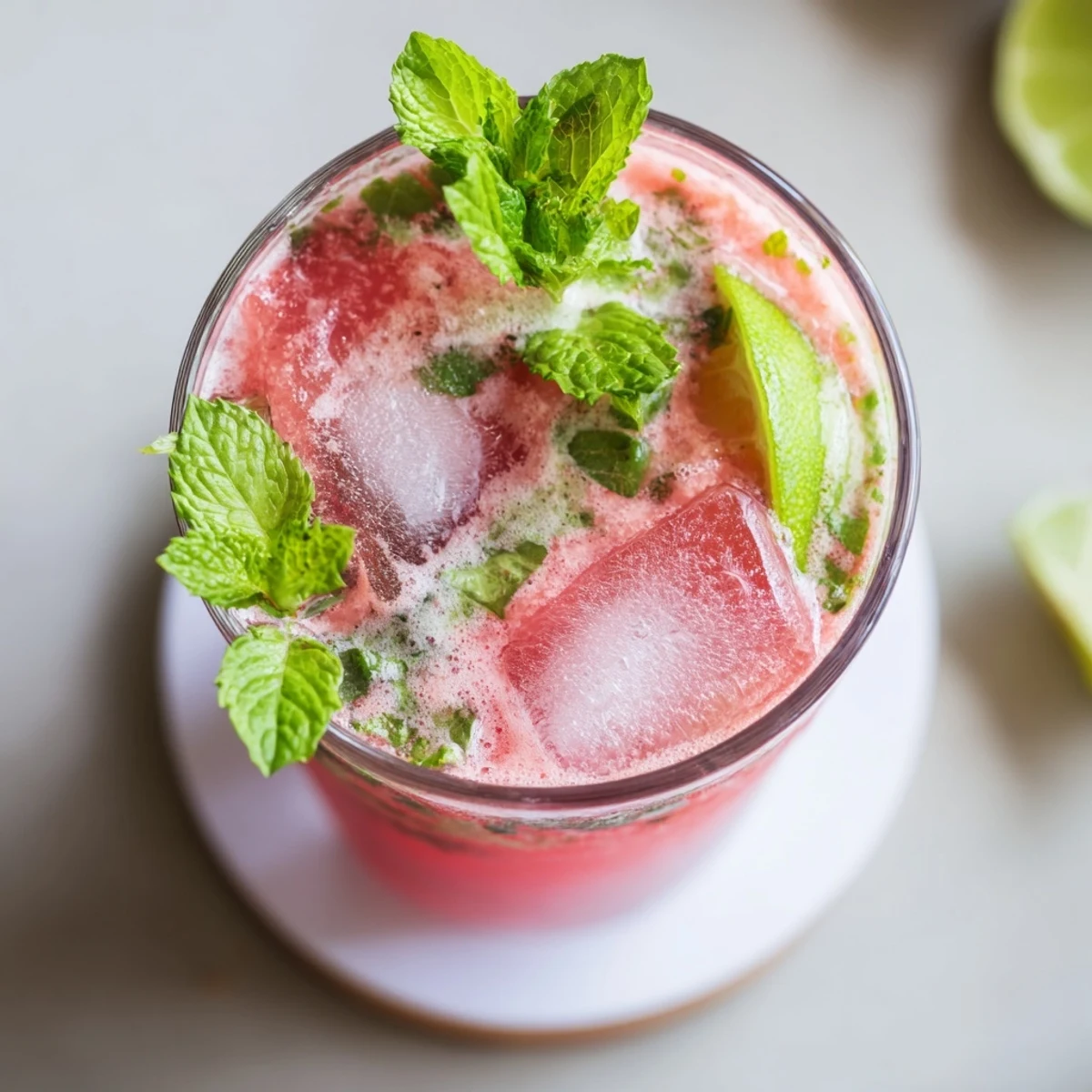 Refreshing low carb watermelon refresher poured over ice with mint leaves floating on top surface