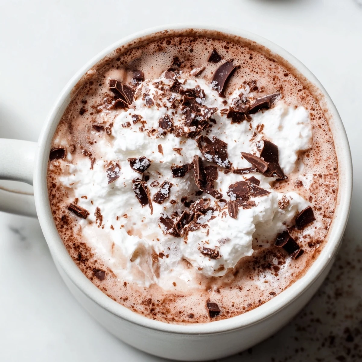 Homemade sugar-free creamy keto hot chocolate recipe garnished with sugar-free whipped cream and cocoa powder dusting