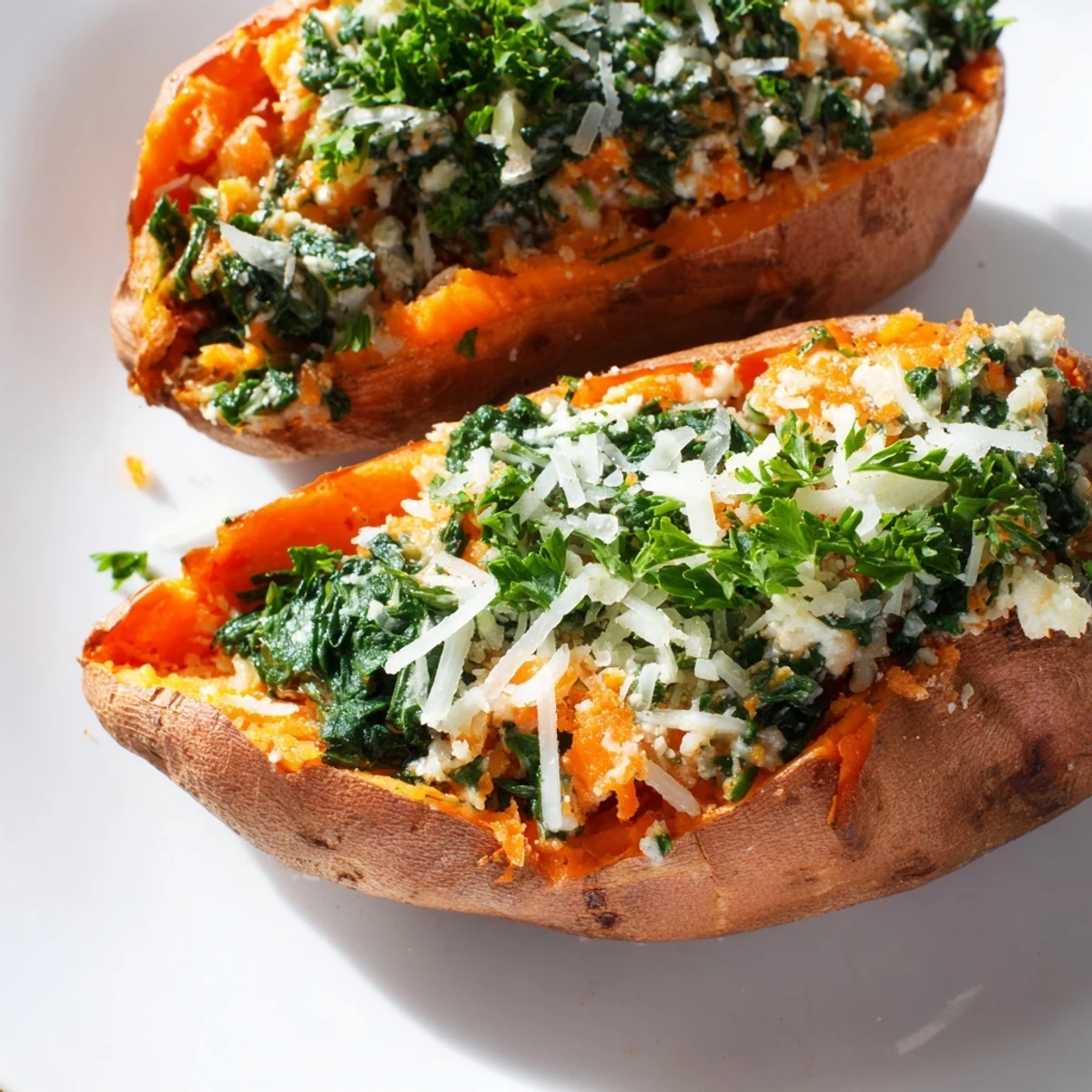 Baked sweet potatoes stuffed with creamy spinach ricotta filling on a white plate