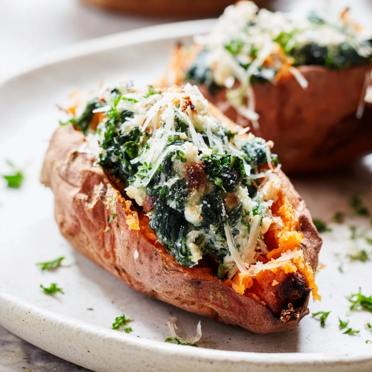 Golden baked sweet potatoes topped with fluffy spinach and ricotta mixture, sprinkled with parsley