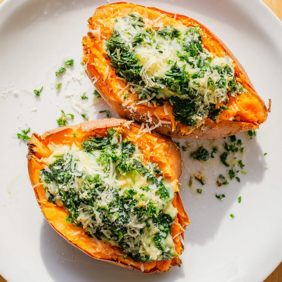 Oven-roasted sweet potato halves filled with warm spinach ricotta cheese and Parmesan garnish