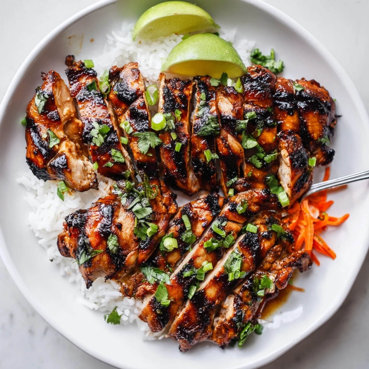 Grilled Vietnamese Chicken resting on plate, charred edges and lime wedges