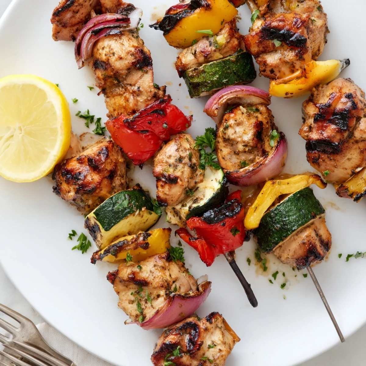 Glistening, charred bell peppers alongside Grilled Chicken Kabobs, served with lemon