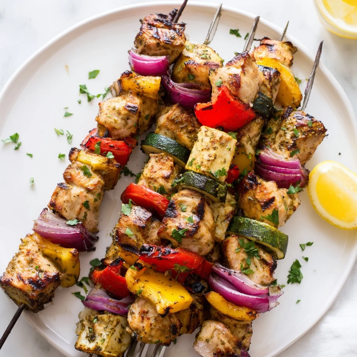 Summer skewers of Grilled Chicken Kabobs with smoky grill marks and aromatic marinade