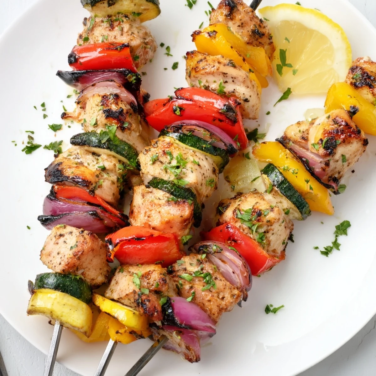 Plated Grilled Chicken Kabobs resting with parsley, lemon wedges, juicy herb-scented bites