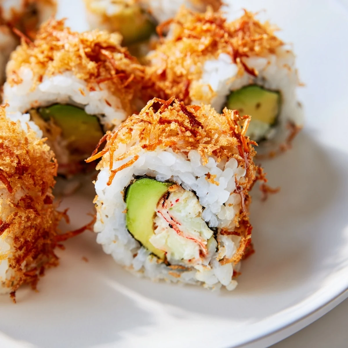 Fresh homemade California Crunch Roll Sushi with vibrant green avocado, sesame seeds, and golden tempura crunch coating