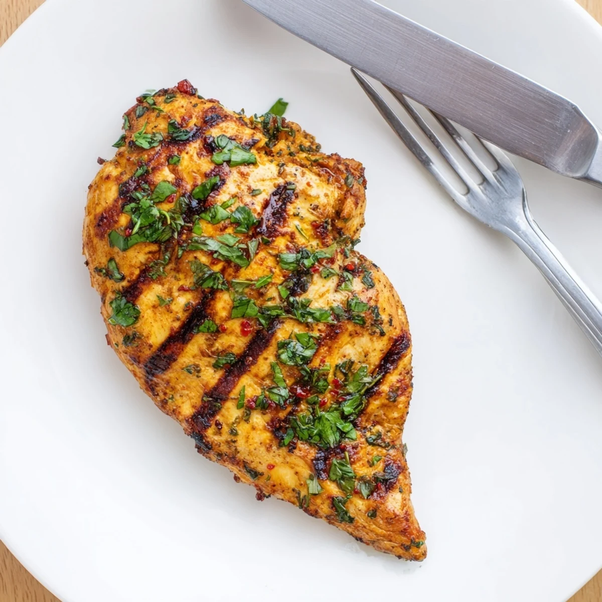 Juicy grilled chicken with char marks and fresh herbs garnished on white plate