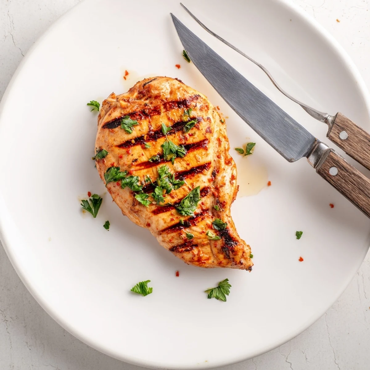 Perfectly cooked grilled chicken featuring paprika rub and appetizing grill lines