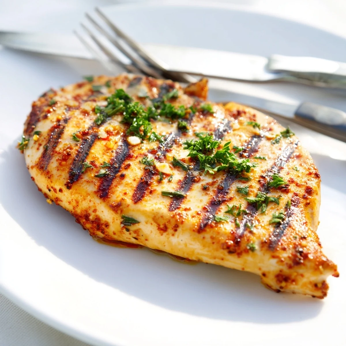 Golden herb-marinated grilled chicken breasts served with lemon wedges and parsley