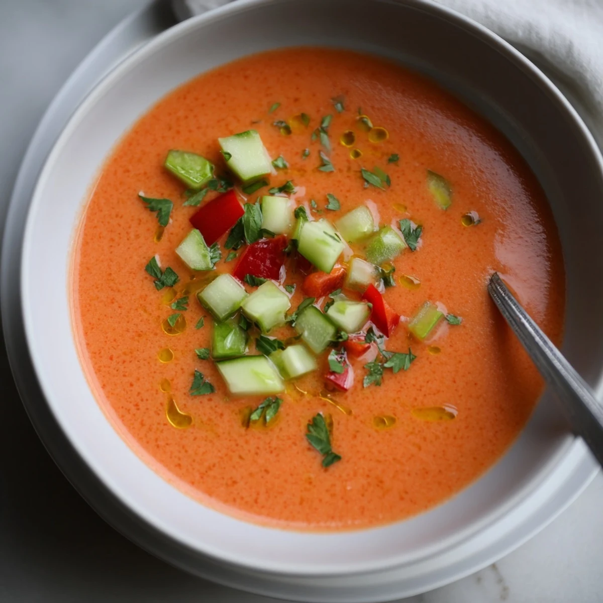Vibrant bowl of chilled tomato gazpacho topped with fresh diced cucumber and red bell pepper garnish