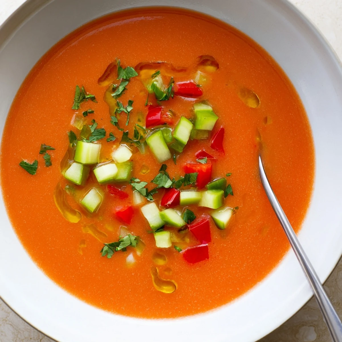 Smooth Spanish chilled tomato gazpacho soup served in white bowls with colorful vegetable medley