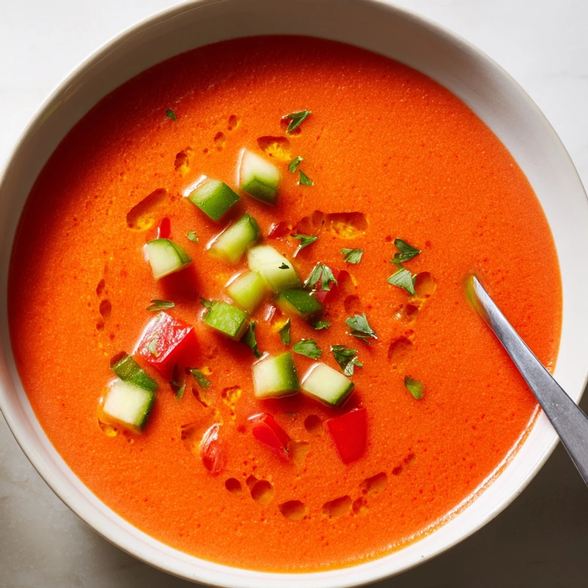 Refreshing red chilled tomato gazpacho with olive oil drizzle and chopped herb garnish on summer table