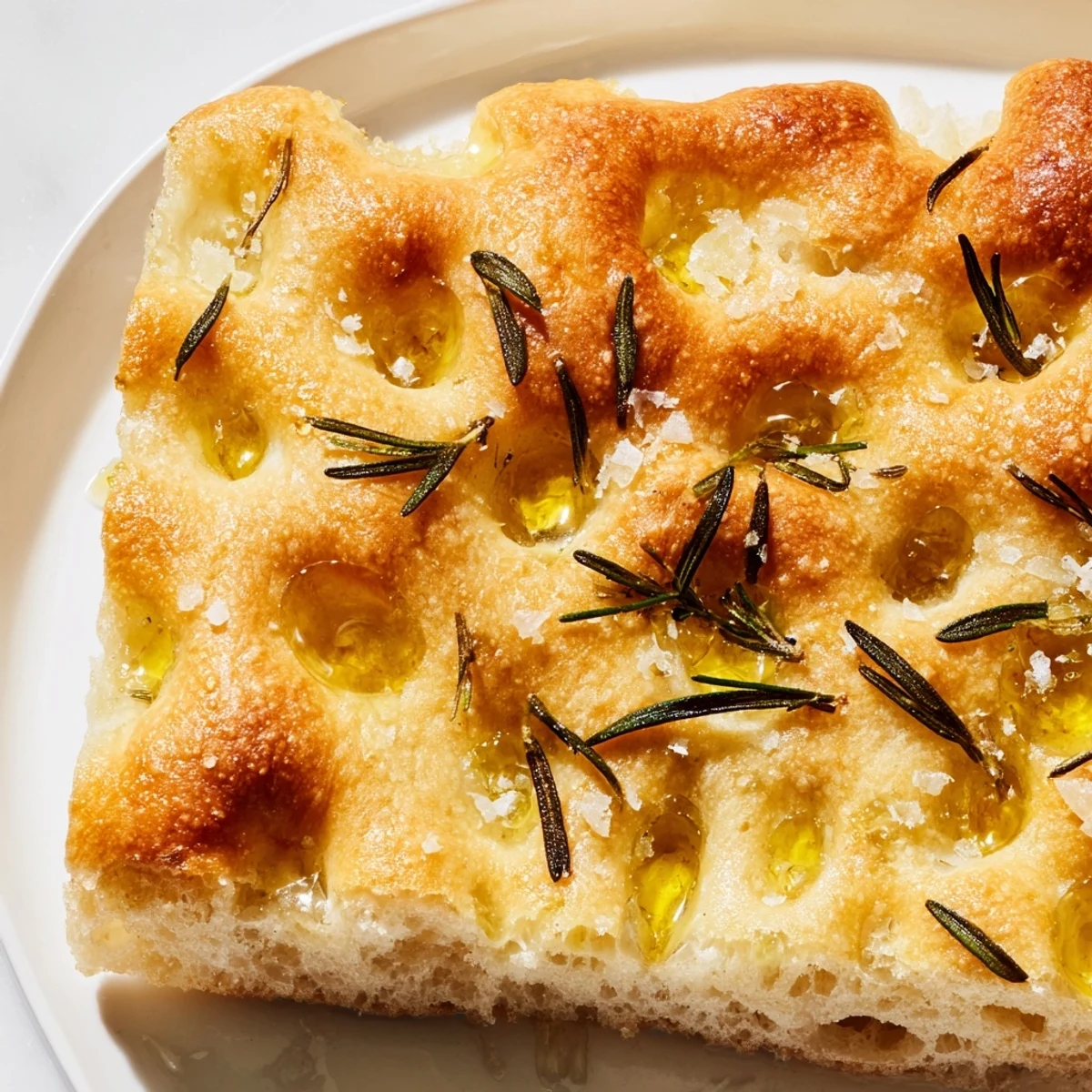 Golden Italian focaccia bread topped with fresh rosemary and flaky sea salt on a wooden board