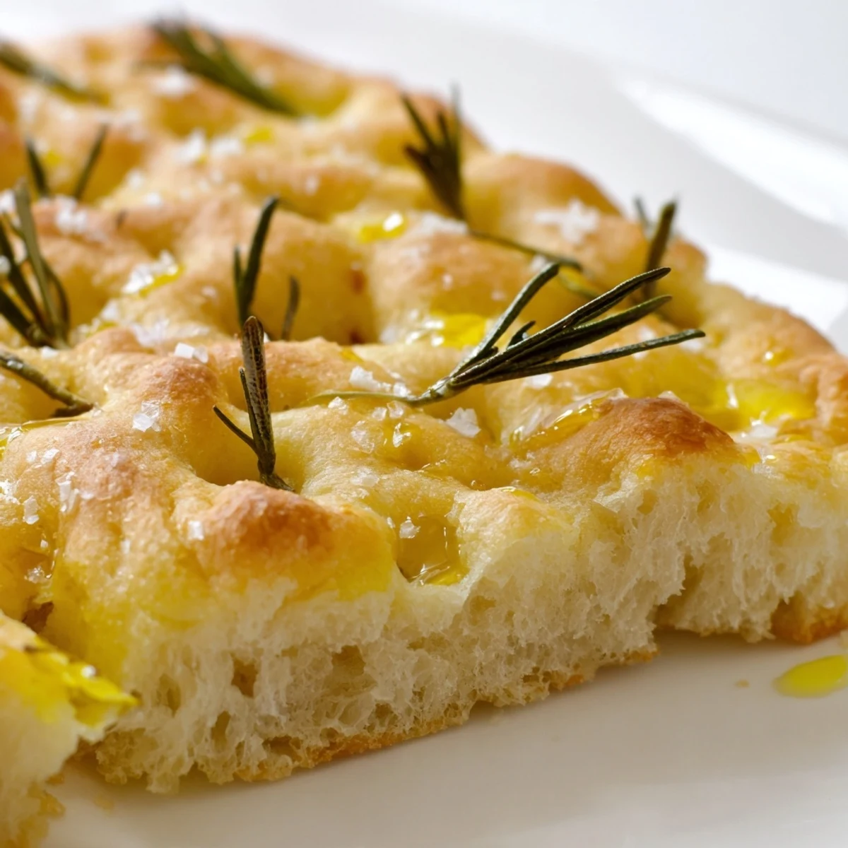 Crispy focaccia flatbread dimpled with olive oil and baked to golden brown perfection