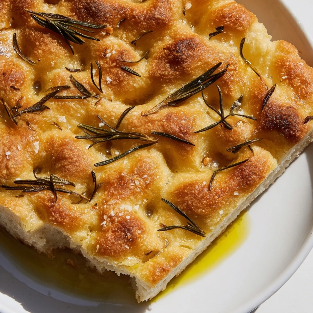 Homemade focaccia with herb topping and airy interior sliced for serving with balsamic dip