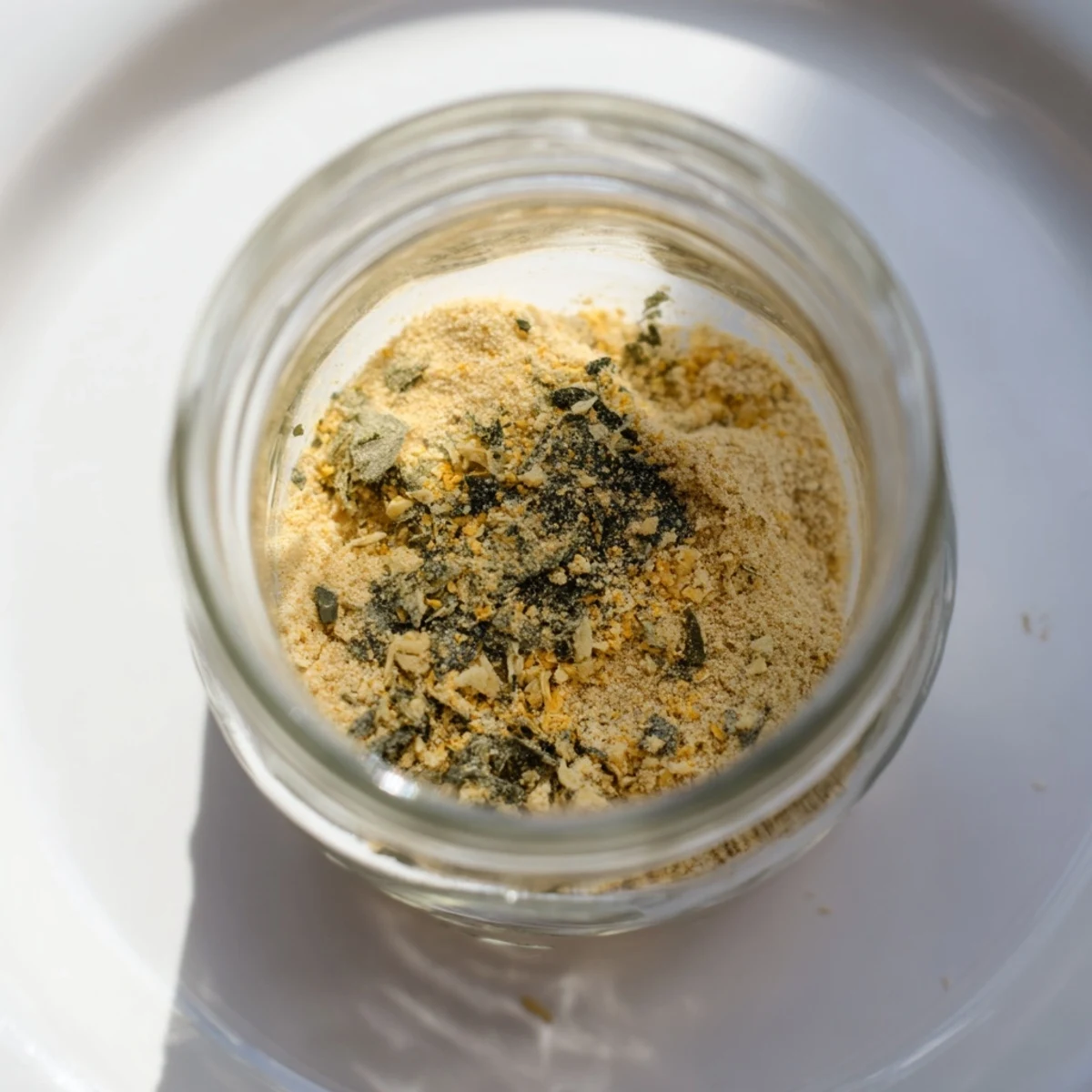 Homemade gluten free ramen seasoning mix in glass jar beside wooden chopsticks and green onions