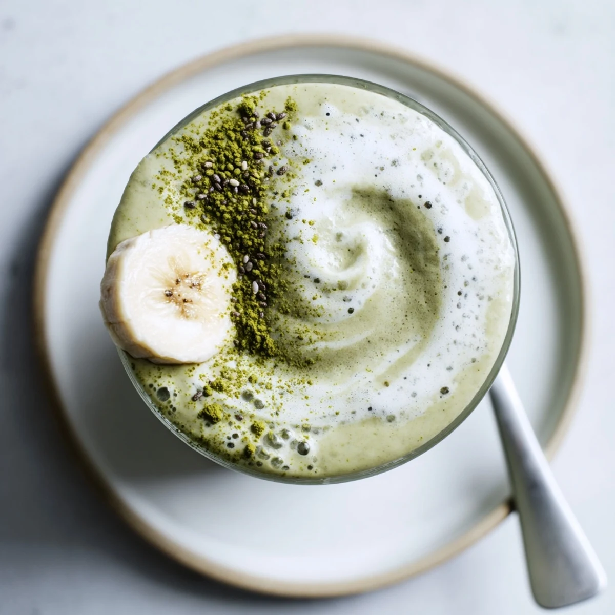 Creamy Matcha Smoothie with banana and almond milk, frothy green morning pick me up