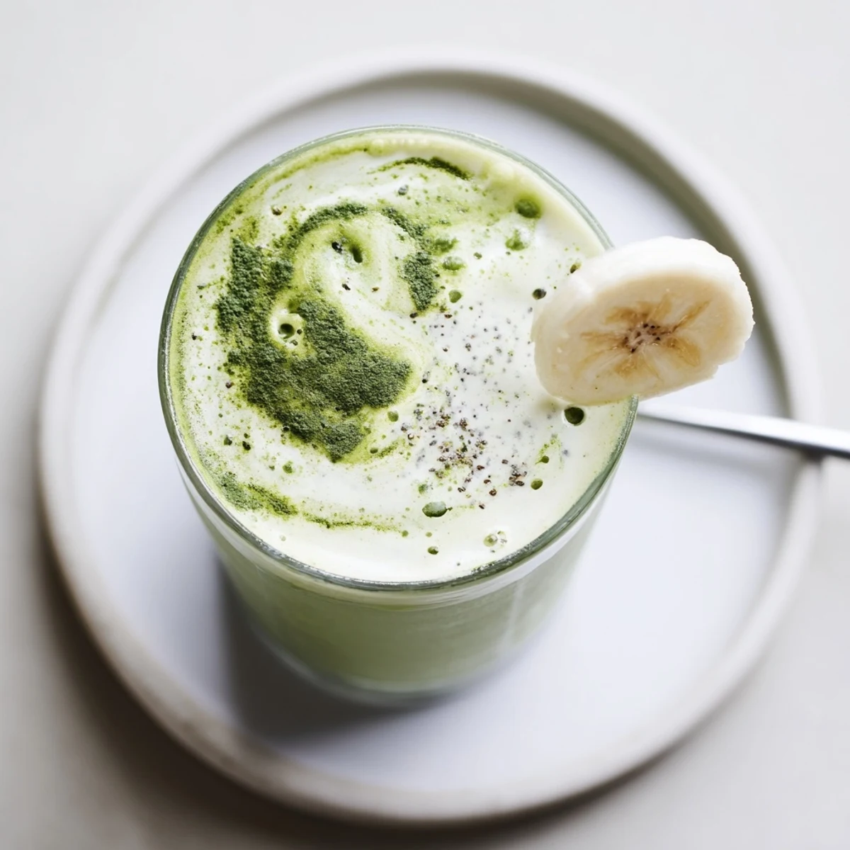 Icy Matcha Smoothie poured into tall glass, topped with chia seeds