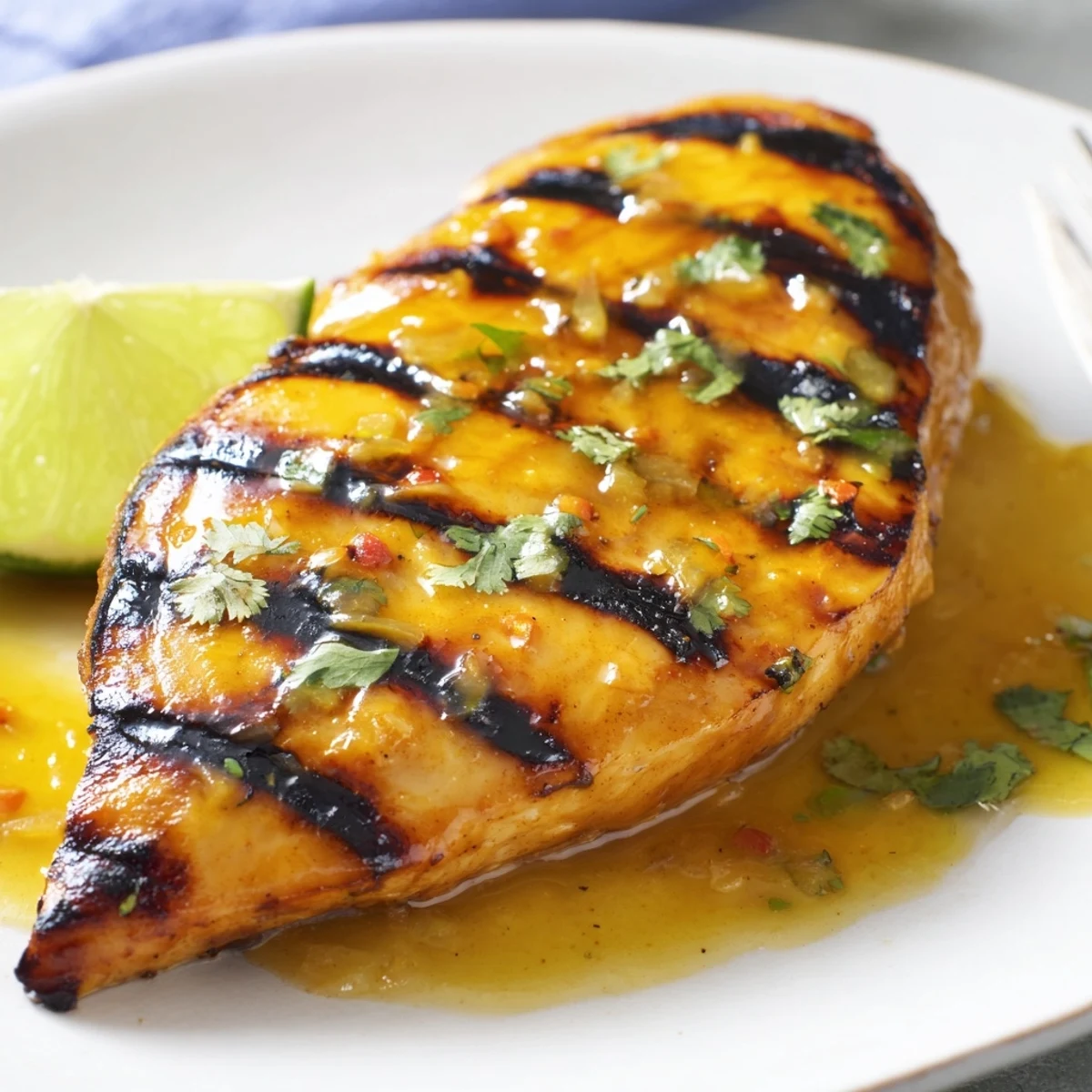 Key West Grilled Chicken With Tropical Citrus Marinade glistening with charred edges and lime.